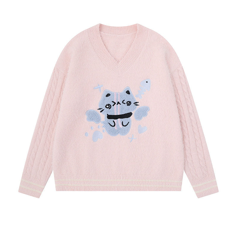 Damen V-Ausschnitt Strickpullover mit Zopfärmeln und Chenille-Katzenmotiv Nord Taschen
