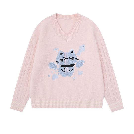 Damen V-Ausschnitt Strickpullover mit Zopfärmeln und Chenille-Katzenmotiv Nord Taschen