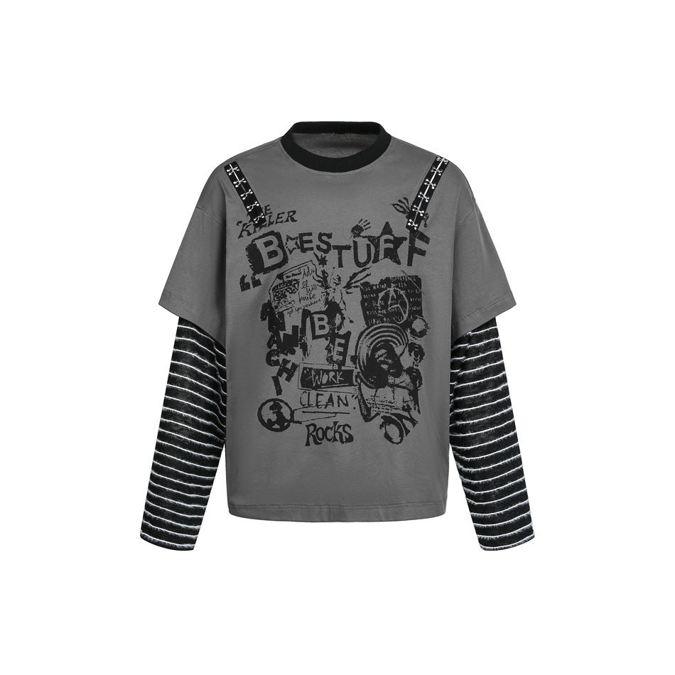 Damen Lagenlook-T-Shirt mit gestreiften Ärmeln und Graffiti-Print Nord Taschen