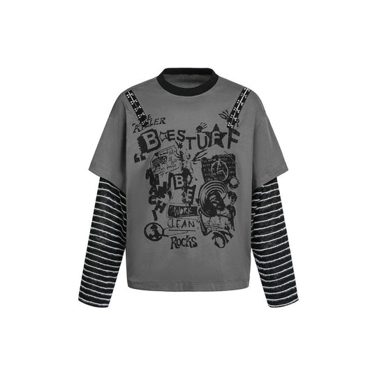 Damen Lagenlook-T-Shirt mit gestreiften Ärmeln und Graffiti-Print Nord Taschen