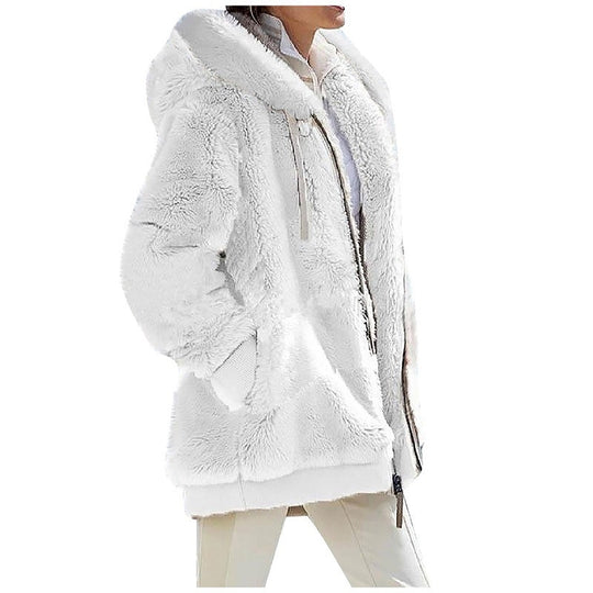 Damen Kuschelige Teddy-Kapuzenjacke mit Kontrastbesatz, Reißverschluss und Eingrifftaschen Nord Taschen