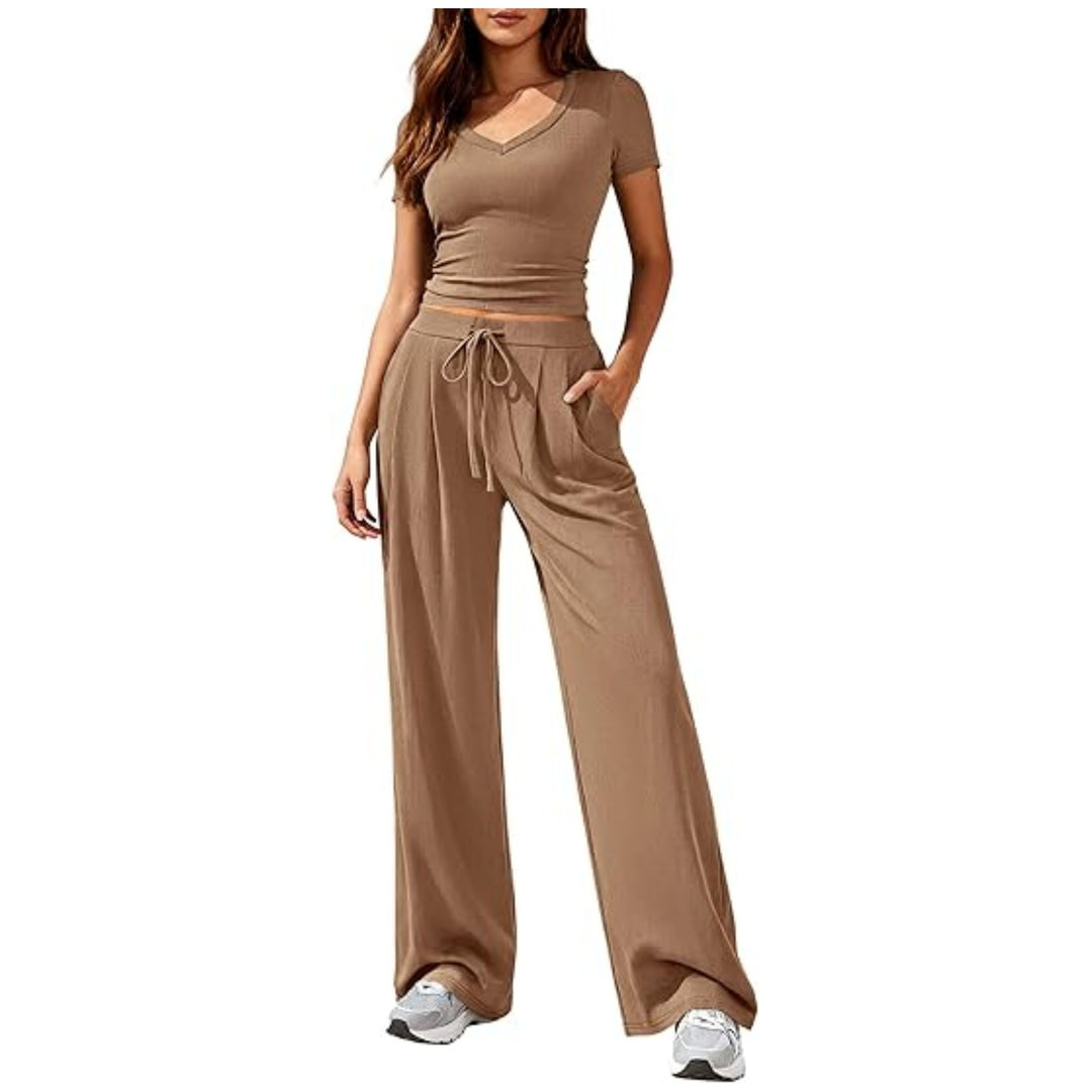 Damen Lässiges Lounge-Set mit tailliertem V-Ausschnitt bauchfreiem Top und weitem Kordelbund-Hose Nord Taschen