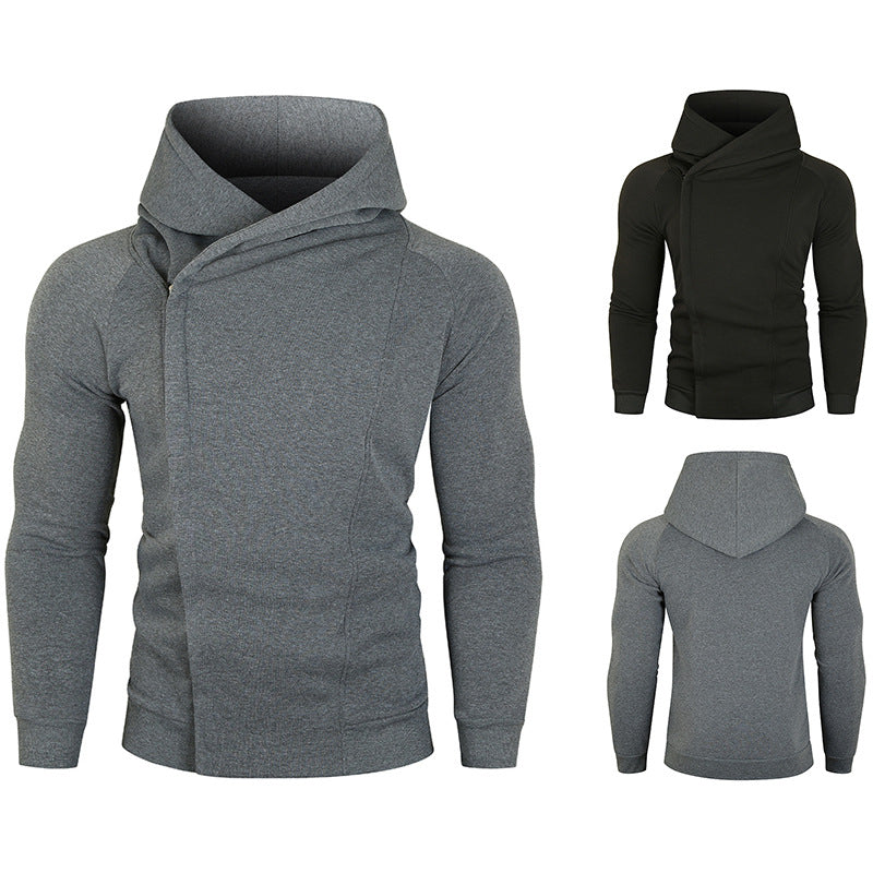 Herren asymmetrischer Kapuzenpullover mit Wickelkragen und verdeckter Knopfleiste, schlanke sportive Passform Nord Taschen