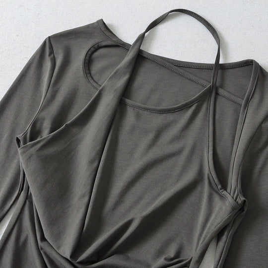 Damen Figurbetontes Langarm-Midikleid mit asymmetrischem Saum, Raffung und Neckholder Nord Taschen