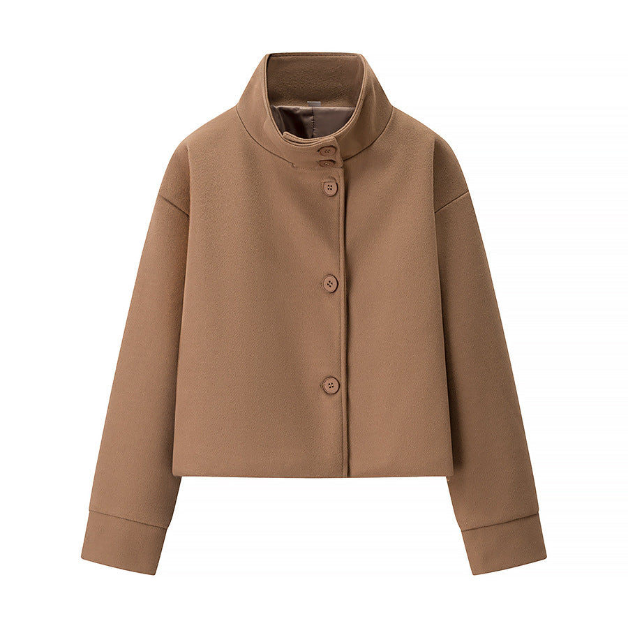 Damen Kurzjacke Boxy Wollmix mit Stehkragen, Oversize-Ärmeln und Knopfleiste Nord Taschen