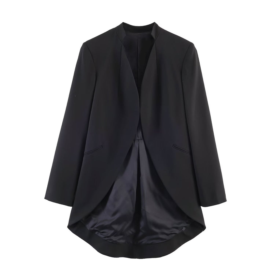 Damen Longline-Blazer mit Vokuhila-Saum und kragenlosem Schnitt Nord Taschen