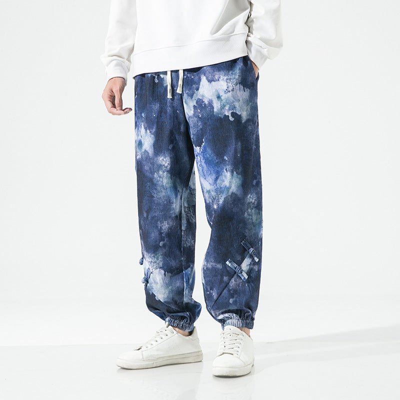 Herren Tie-Dye Baggy Jogginghose mit Tunnelzug, Gummibündchen und dekorativen Riemen Nord Taschen