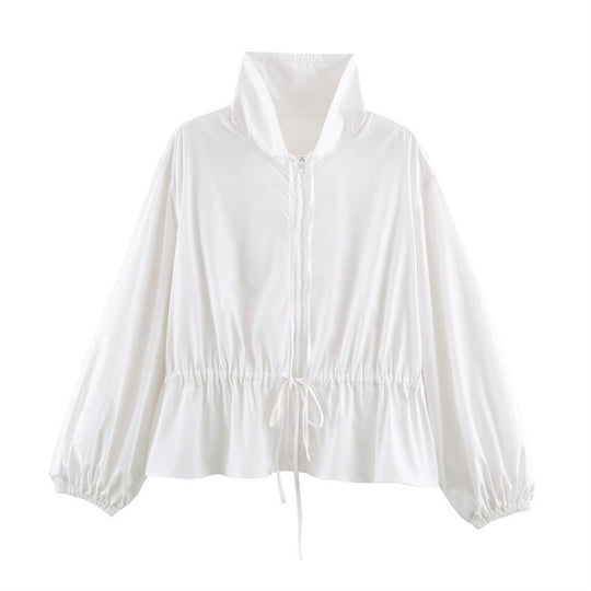 Damen Leichte taillierbare Windjacke mit Stehkragen, Tunnelzug und Ballonärmeln Nord Taschen