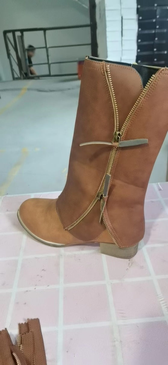 Damen Knöchel- bis wadenhohe Reißverschluss-Stiefel mit dekorativem Metallreißverschluss und niedrigem Blockabsatz Nord Taschen