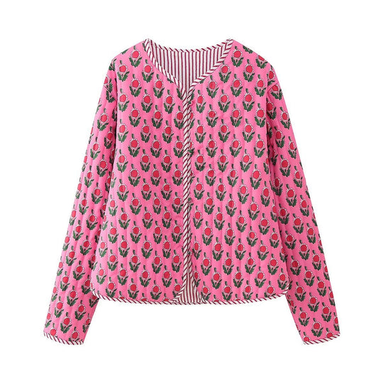 Damen Gepolsterte gesteppte Blusenjacke mit floralem Allover‑Print und Kontrastpaspel Nord Taschen