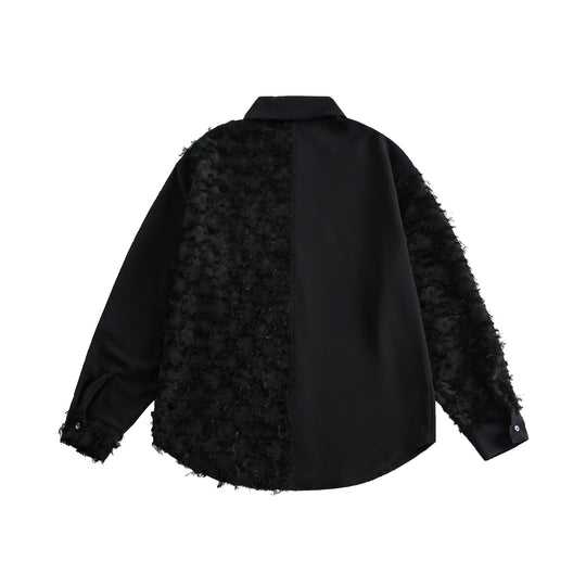 Damen Blusen-Overshirt mit flauschiger Fransenstruktur und Kentkragen Nord Taschen