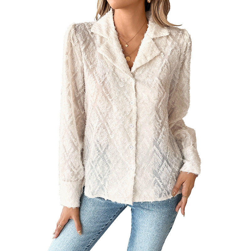 Damen Transparente Strukturbluse mit Fransenoptik, Hemdkragen und durchgehender Knopfleiste Nord Taschen