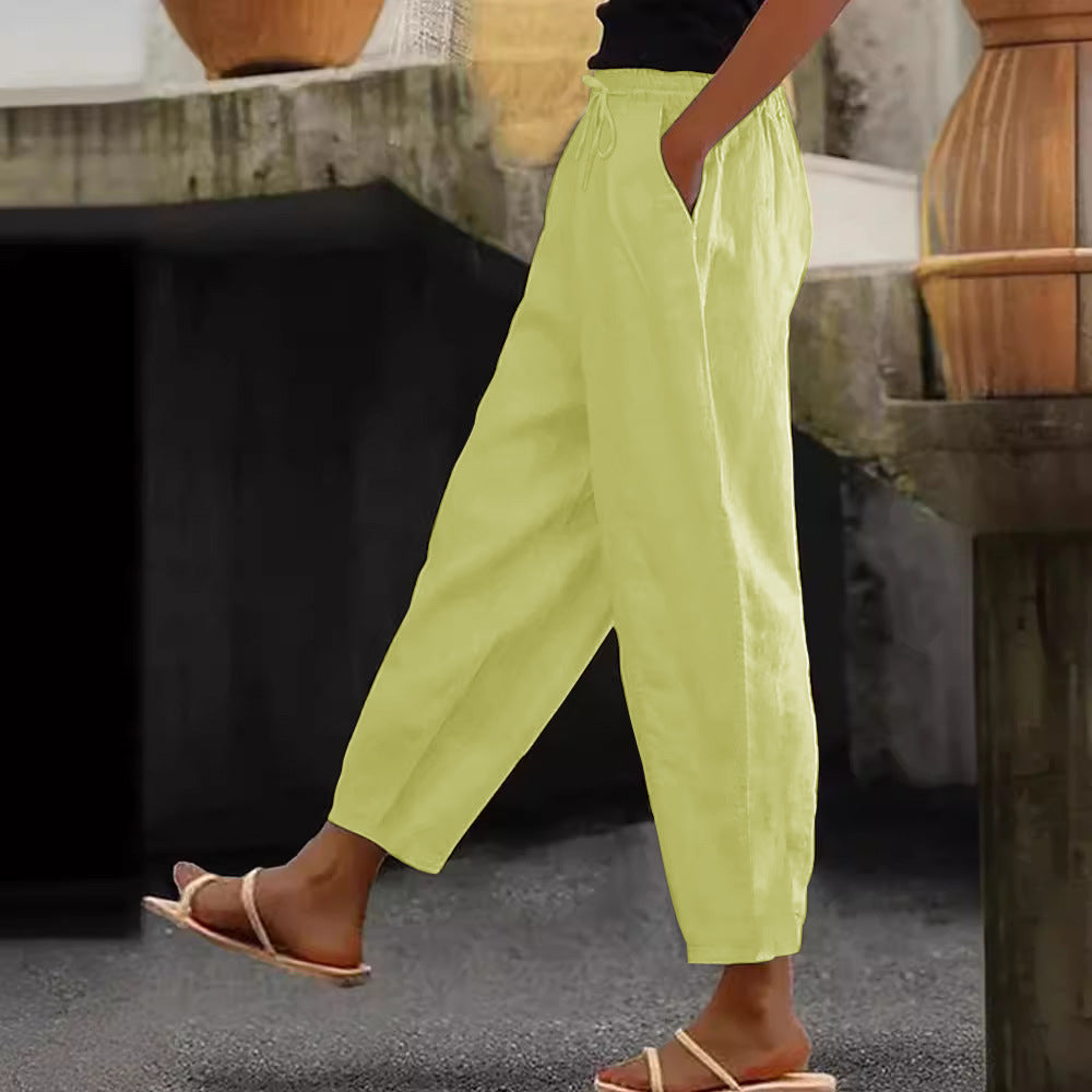 Damen Leinen-Mischung Cropped-Hose mit elastischem Bund, Kordelzug und Seitentaschen Nord Taschen
