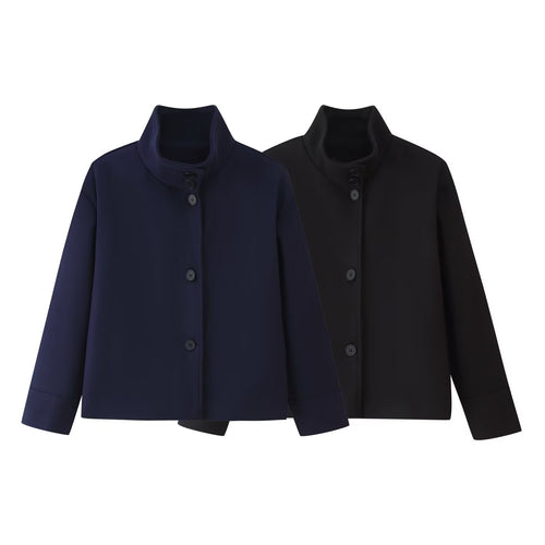 Damen Kurze kastige Jacke mit Stehkragen und durchgehender Knopfleiste Nord Taschen