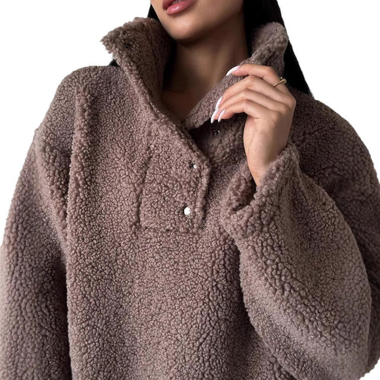 Damen Oversized Teddy-Pullover mit halber Druckknopfleiste und Stehkragen Nord Taschen