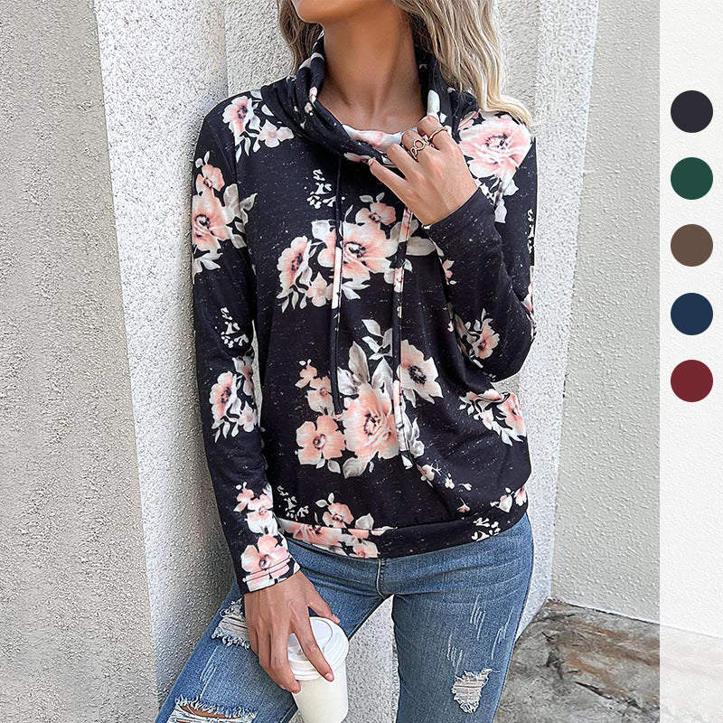 Damen Schlauchkragen-Sweatshirt mit floralem Alloverprint und Kordelzug Nord Taschen