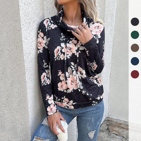 Damen Schlauchkragen-Sweatshirt mit floralem Alloverprint und Kordelzug Nord Taschen