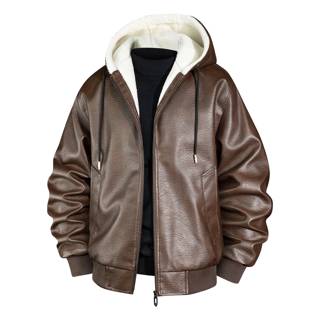 Herren Lederbomberjacke mit Teddyfutter und Kapuze Nord Taschen