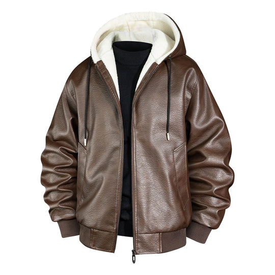 Herren Lederbomberjacke mit Teddyfutter und Kapuze Nord Taschen