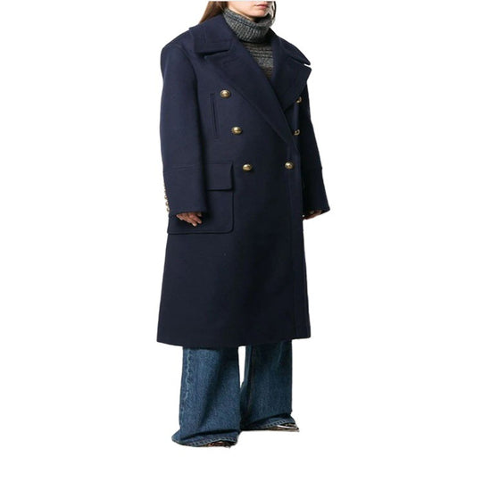 Damen Marineinspirierter Zweireiher-Longcoat aus Wollmix mit Oversize-Revers Nord Taschen