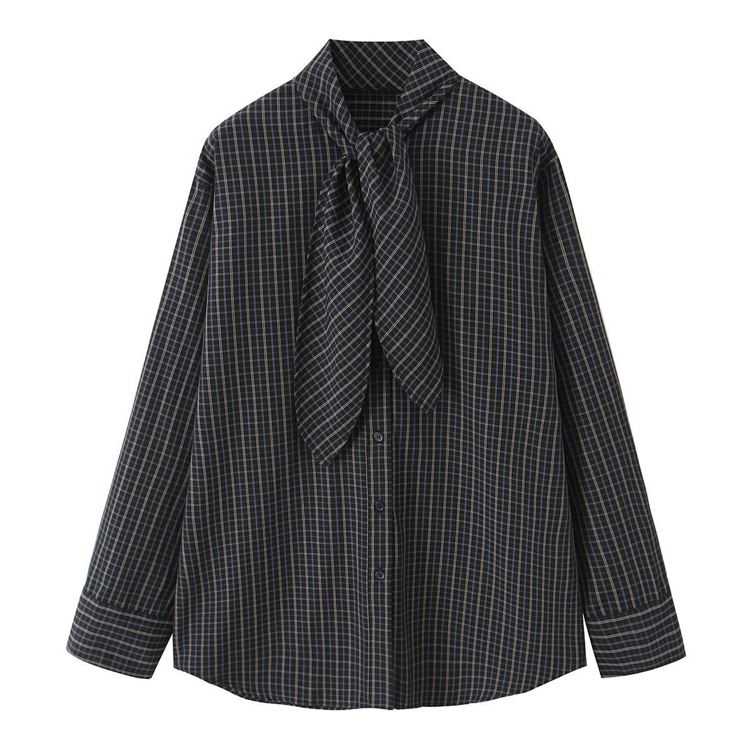 Damen Kariertes Blusenshirt mit Schluppe und weiter Passform Nord Taschen