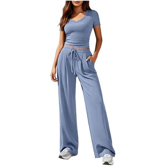Damen Lässiges Lounge-Set mit tailliertem V-Ausschnitt bauchfreiem Top und weitem Kordelbund-Hose Nord Taschen