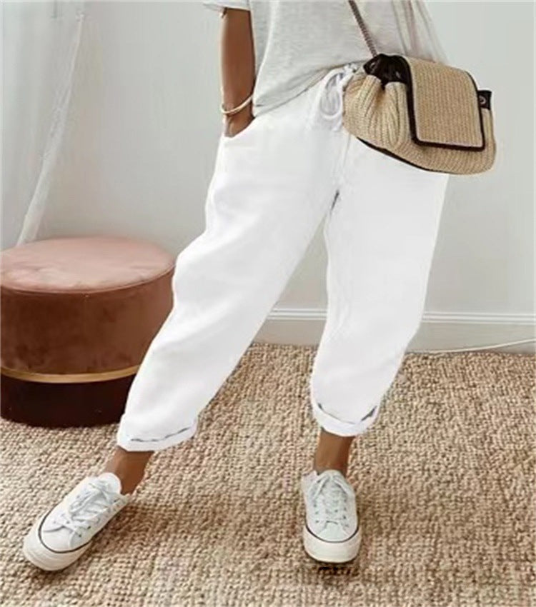 Damen Lässige Leinen-Joggerhose mit hohem Bund, Tunnelzug und gekrempeltem Saum Nord Taschen