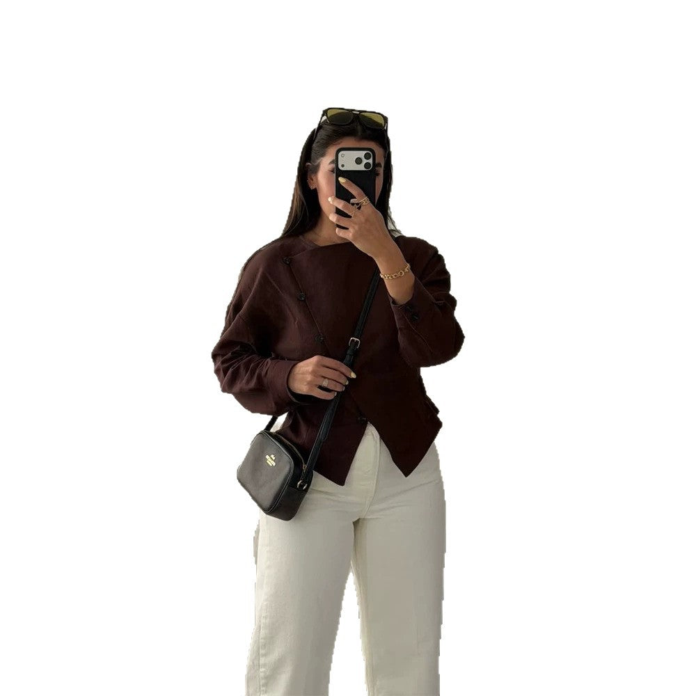 Damen Asymmetrische taillierte Bluse mit diagonaler Knopfleiste Nord Taschen