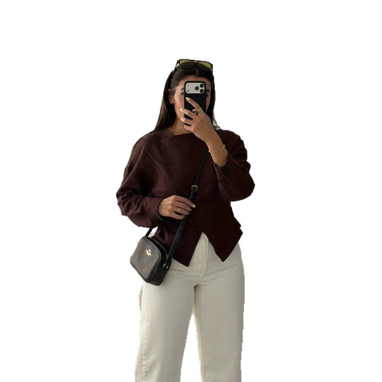 Damen Asymmetrische taillierte Bluse mit diagonaler Knopfleiste Nord Taschen