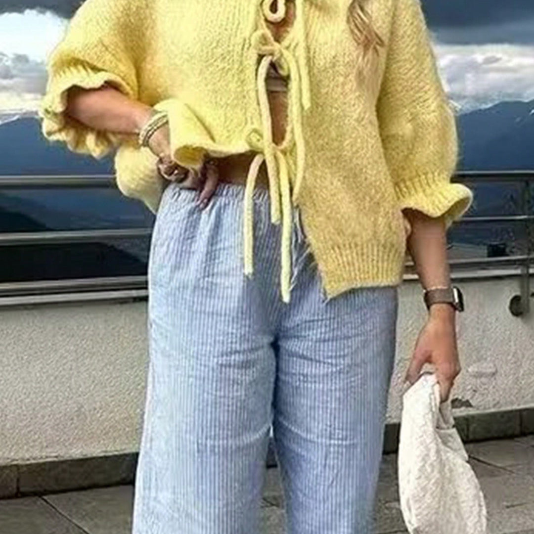 Damen Kuschelige Kurzstrickjacke mit Bindedetails, Volantärmeln und lockerem Oversize‑Schnitt Nord Taschen