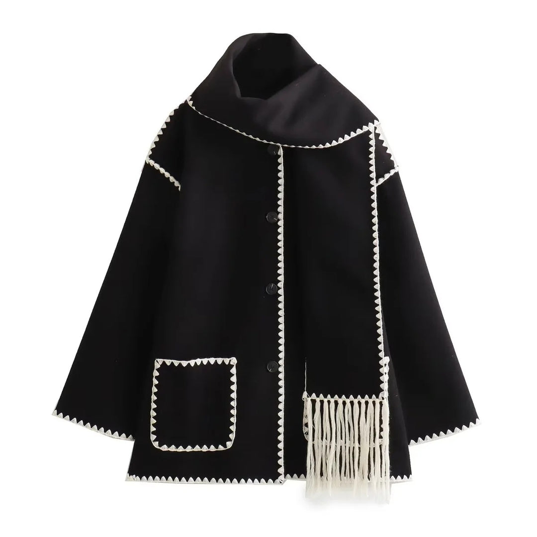 Damen Cape-Mantel mit angesetztem Fransen-Schal und Zier-Zickzacknaht Nord Taschen