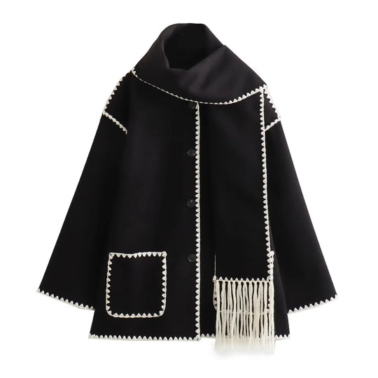 Damen Cape-Mantel mit angesetztem Fransen-Schal und Zier-Zickzacknaht Nord Taschen