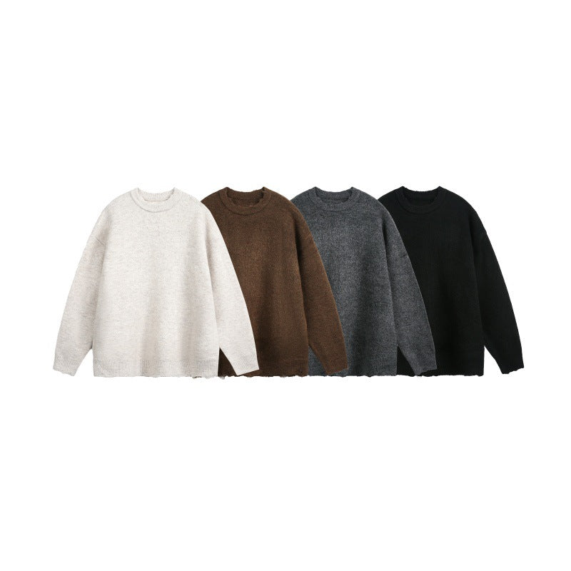 Unisex Oversize Grobstrickpullover mit Rundhalsausschnitt und ausgefranstem Saum Nord Taschen