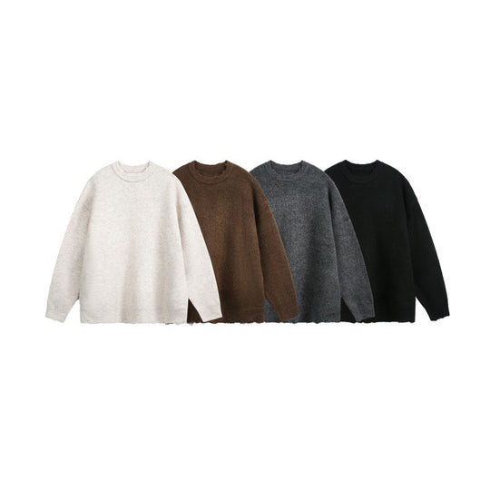 Unisex Oversize Grobstrickpullover mit Rundhalsausschnitt und ausgefranstem Saum Nord Taschen