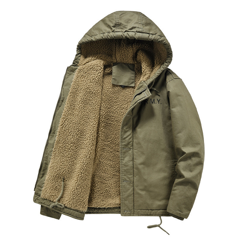 Herren wattierte Kapuzenjacke im Canvas‑Look mit Sherpa‑Futter und Militärprint Nord Taschen