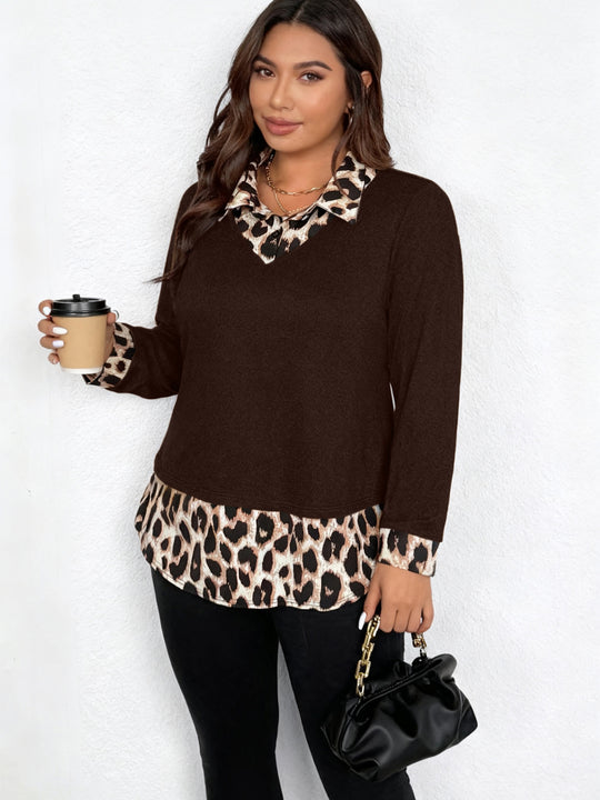 Damen Lagenlook-Pullover mit V-Ausschnitt und Leoprint-Blusen-Einsatz Nord Taschen