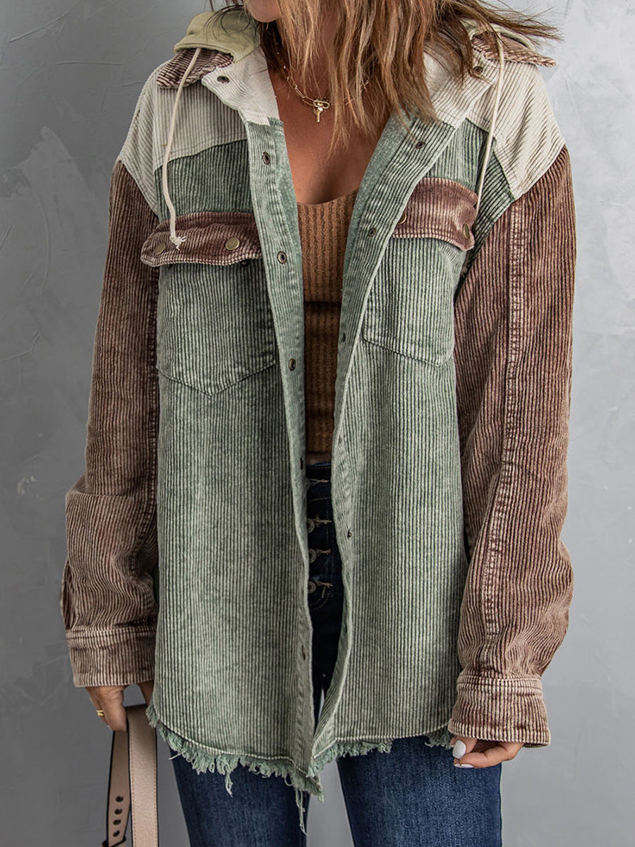 Nord Taschen | Jacke mit Kapuze Oversized Fit Cord-Textur Knopfverschluss Fransenrand