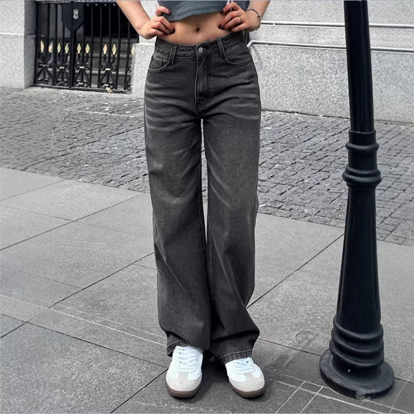 Damen Weite High‑Waist Denim-Hose mit geradem Bein und Vintage-Nähten Nord Taschen