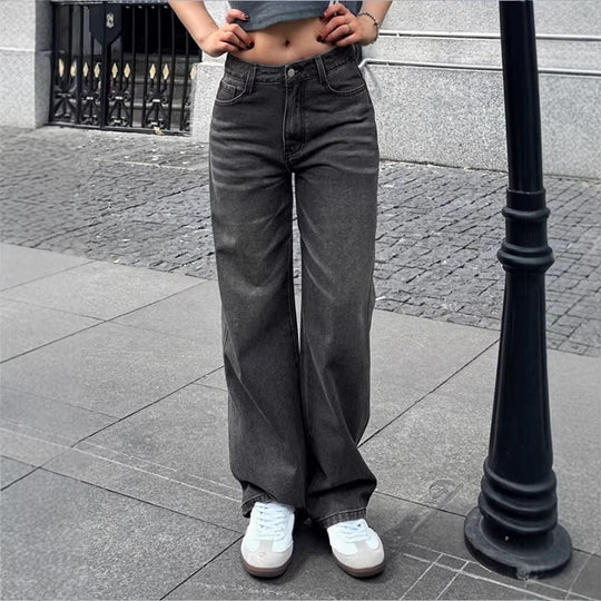 Damen Weite High‑Waist Denim-Hose mit geradem Bein und Vintage-Nähten Nord Taschen