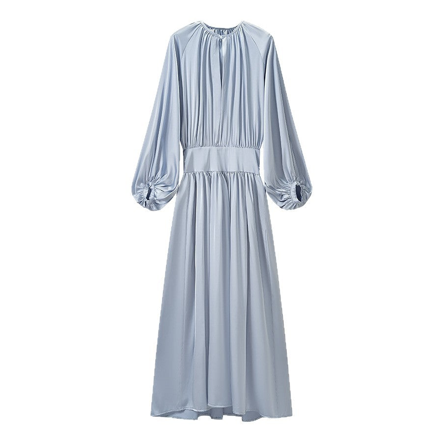 Damen Fließendes Maxikleid mit Ballonärmeln, geraffter Taille und Rundhalsausschnitt Nord Taschen