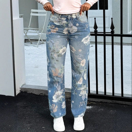 Damen High-Waist Straight-Jeans mit floralem Print und relaxed Fit Nord Taschen