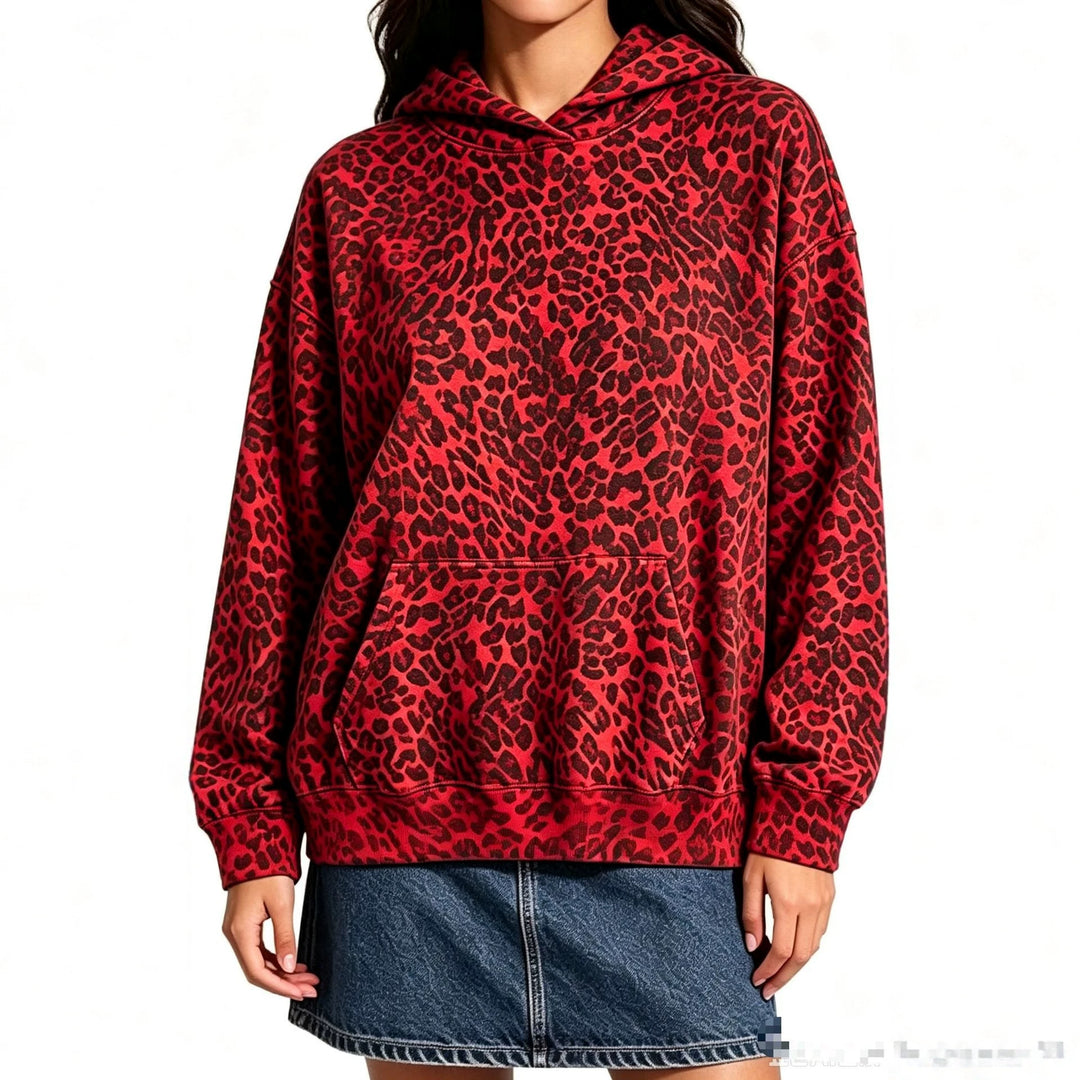 Damen Oversize-Kapuzenpullover mit Leomuster, Kängurutasche und überschnittener Schulter Nord Taschen