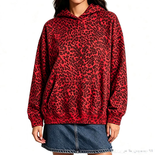 Damen Oversize-Kapuzenpullover mit Leomuster, Kängurutasche und überschnittener Schulter Nord Taschen