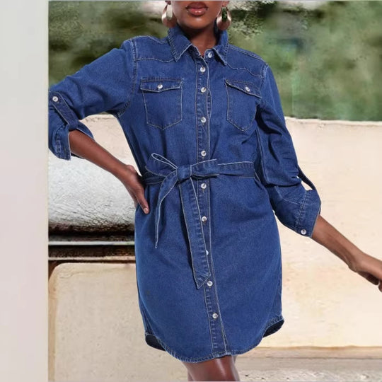 Damen Denim-Hemdblusenkleid mit Taillengürtel und aufgesetzten Brusttaschen Nord Taschen