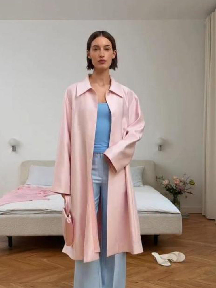 Damen leichter satinähnlicher Longmantel im Oversize-Schnitt mit weitem Revers Nord Taschen