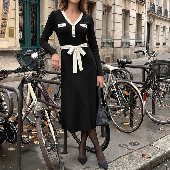 Damen Elegantes A-Linien-Midikleid mit V-Ausschnitt, Zierknopfleiste, Kontrastpaspel & Bindegürtel Nord Taschen