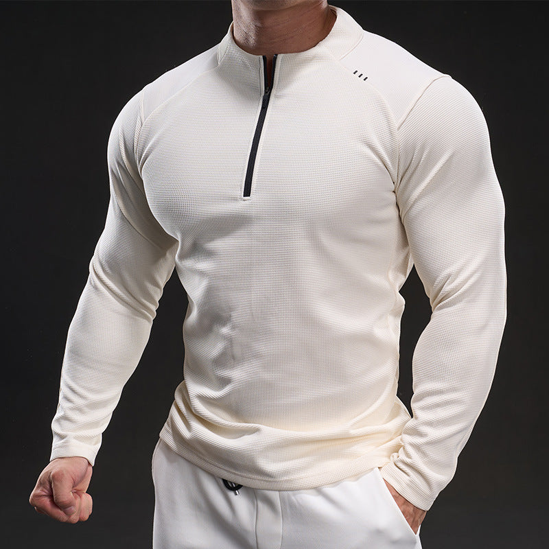 Herren Slim-Fit Sportliches Langarm-Trainingsshirt mit Halb-Reißverschluss und Strukturgewebe Nord Taschen