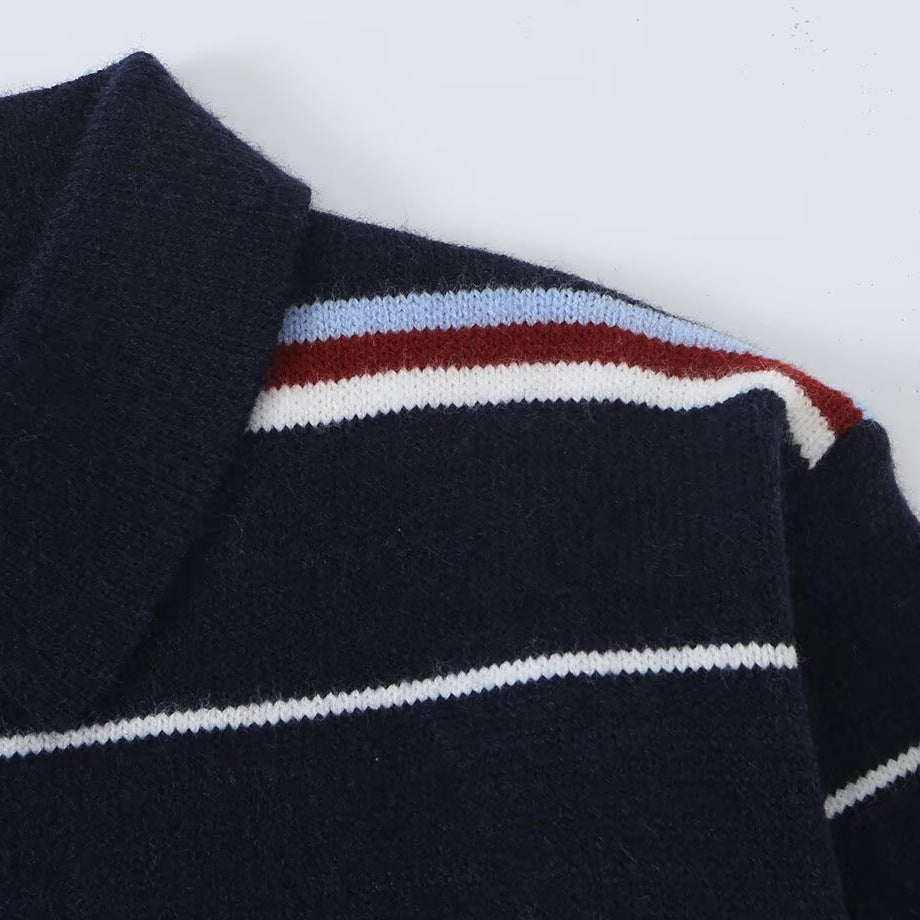 Damen Gestreifter Strickpolopullover mit kurzer Knopfleiste und Rippbündchen Nord Taschen
