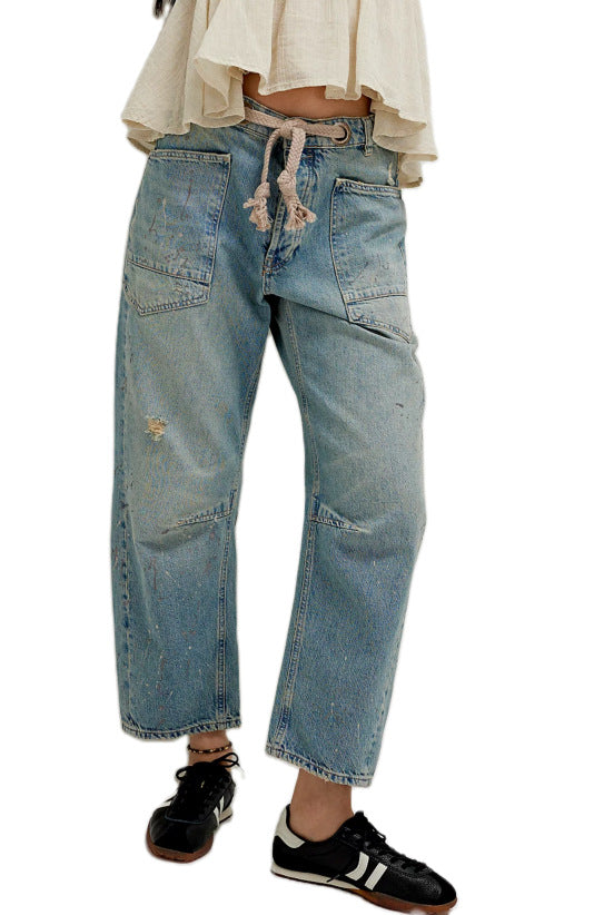 Damen hochgeschnittene Jeans im weiten Schnitt mit aufgesetzten Taschen und Kordelzug Nord Taschen
