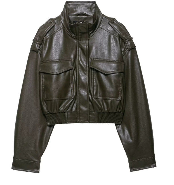 Damen 10+ kurzes Kunstleder‑Bomberjacke im Military‑Look mit Pattentaschen und Stehkragen Nord Taschen